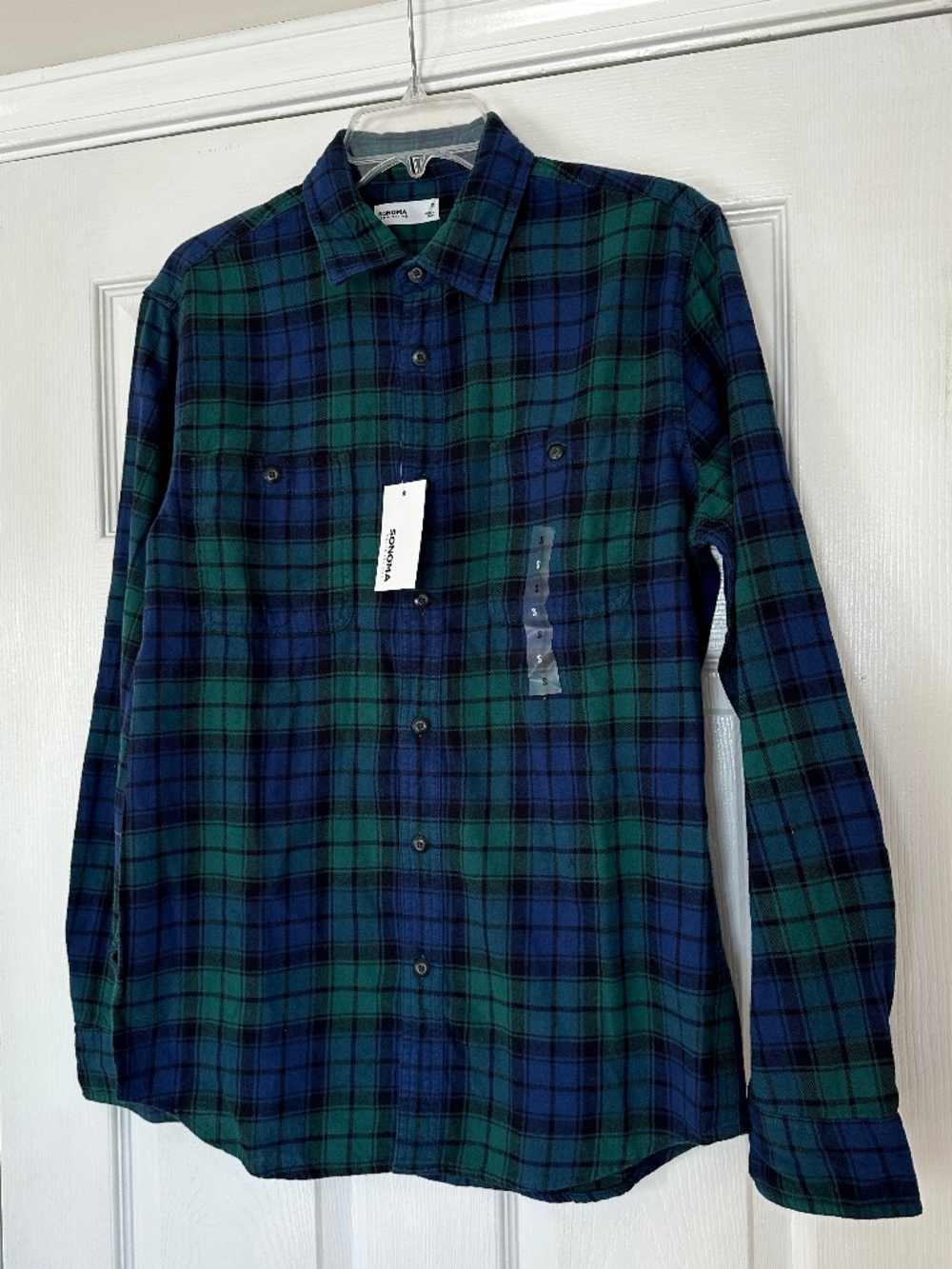 NWT Sonoma Men's Flannel Shirt Size Small Blue Navy Plaid Button Down